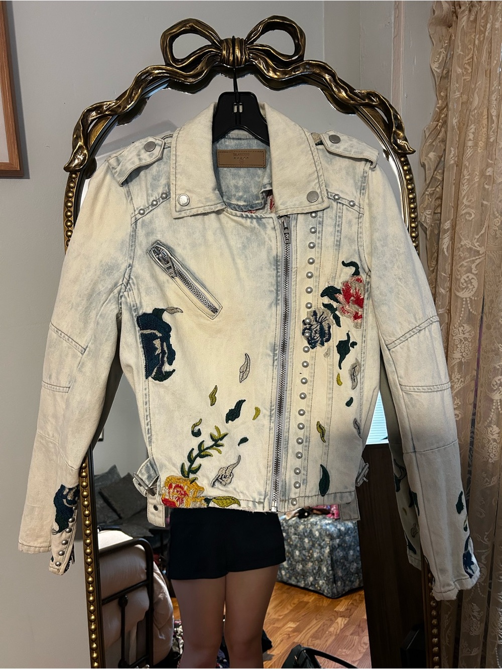 Blank NYC Light Wash Denim Moto Jacket with Floral Embroidery